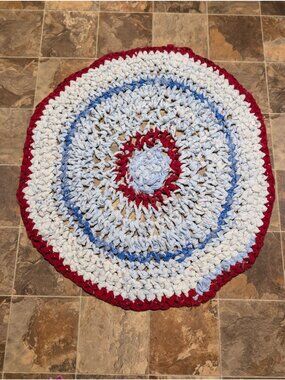 Handmade Round Crocheted Rug In Red White & Blue With Upcycled Fabric Strips - R